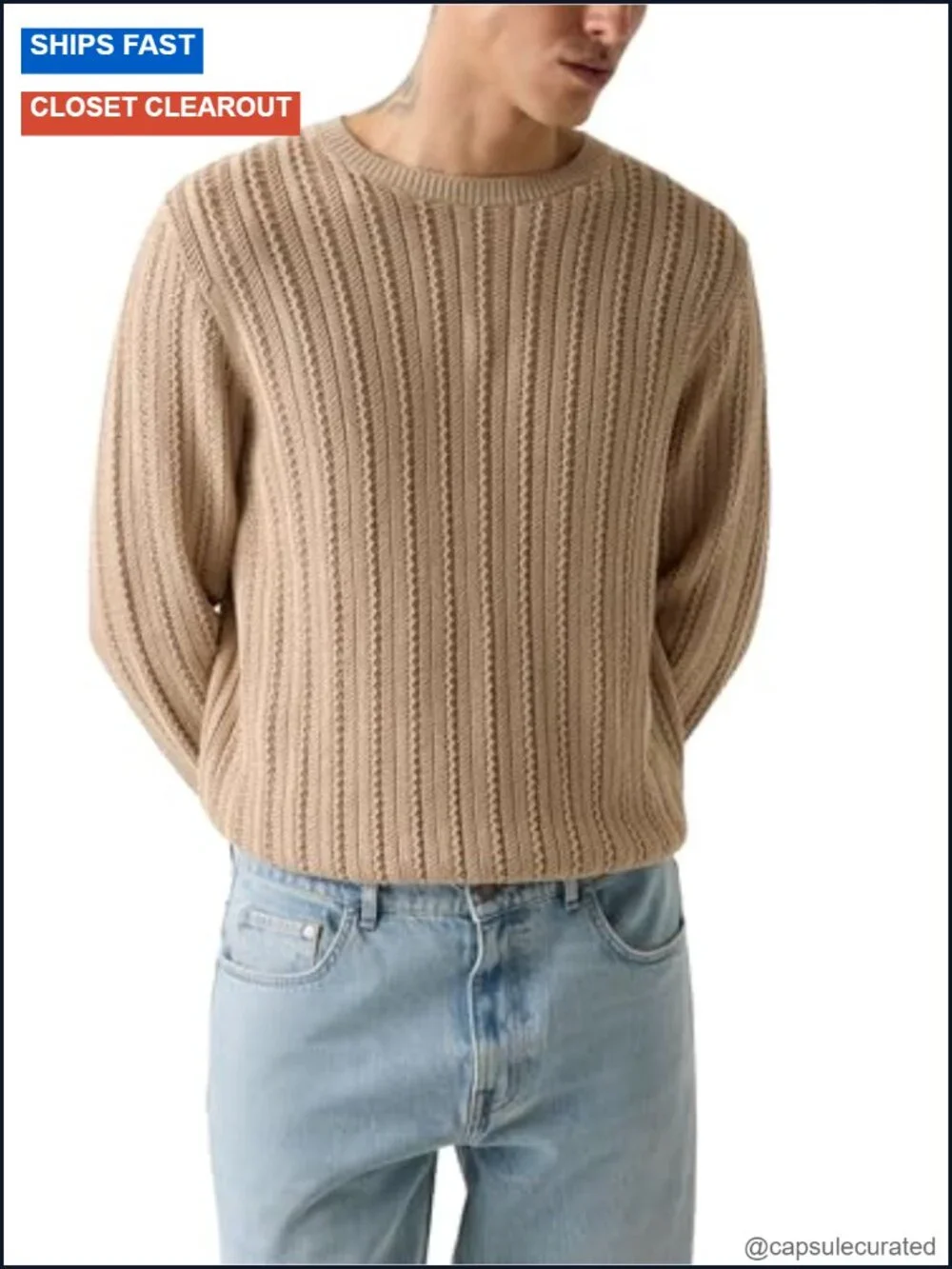 Men's Long Sleeve Herringbone Texture Pullover Sweater - 51% Cotton 49% Modal